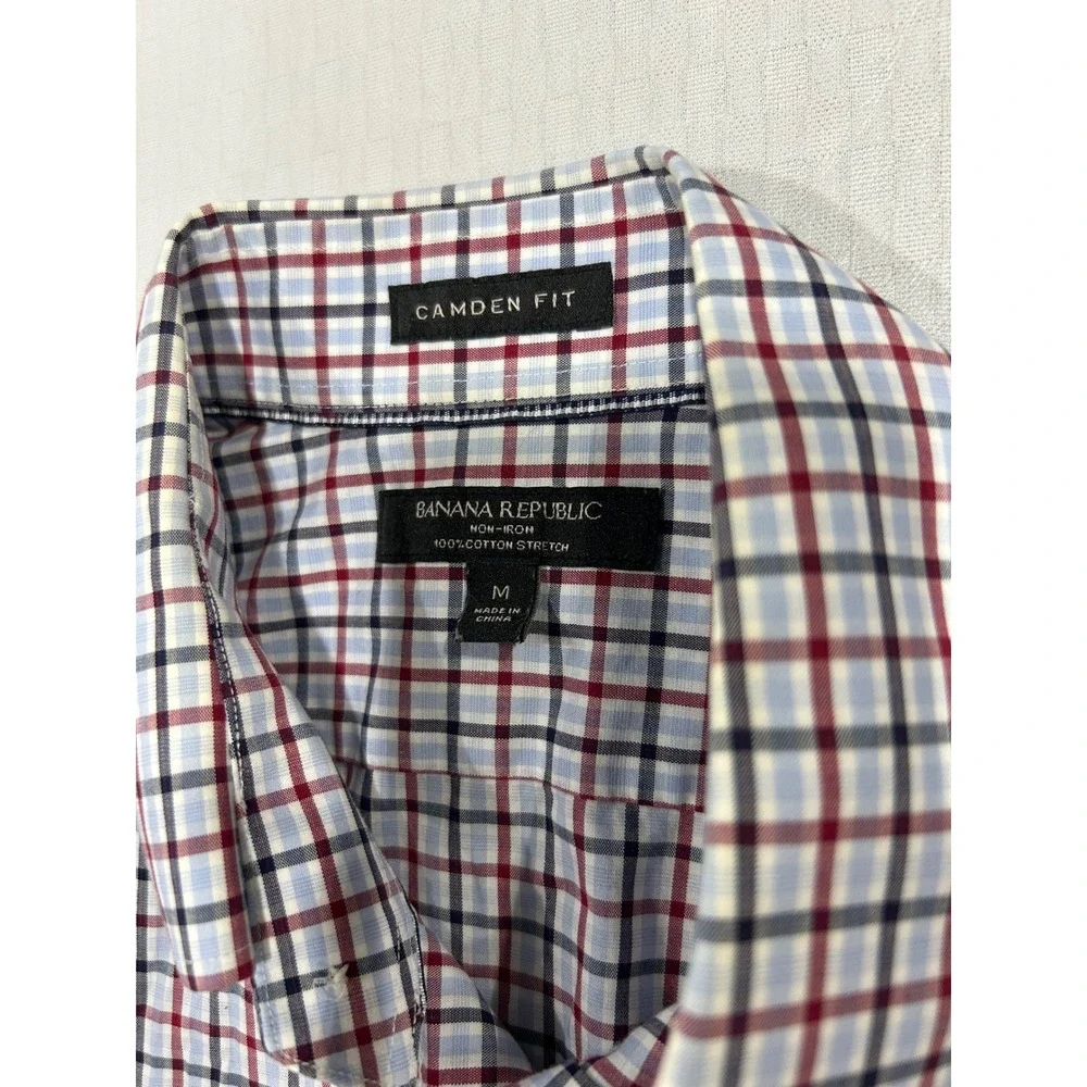 Banana Republic Camden Fit Shirt Mens Medium Red Navy Check Iron Cotton Stretch